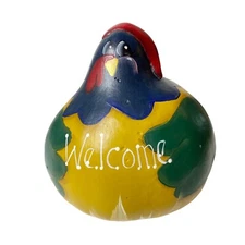 Painted Multi Color Welcome Rooster Colorful Gourd Decor Signed 6.5" H 