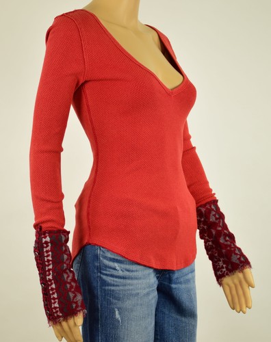Free People Womens Red Textured Art School Embroidered Thermal Top S M L - Picture 2 of 3