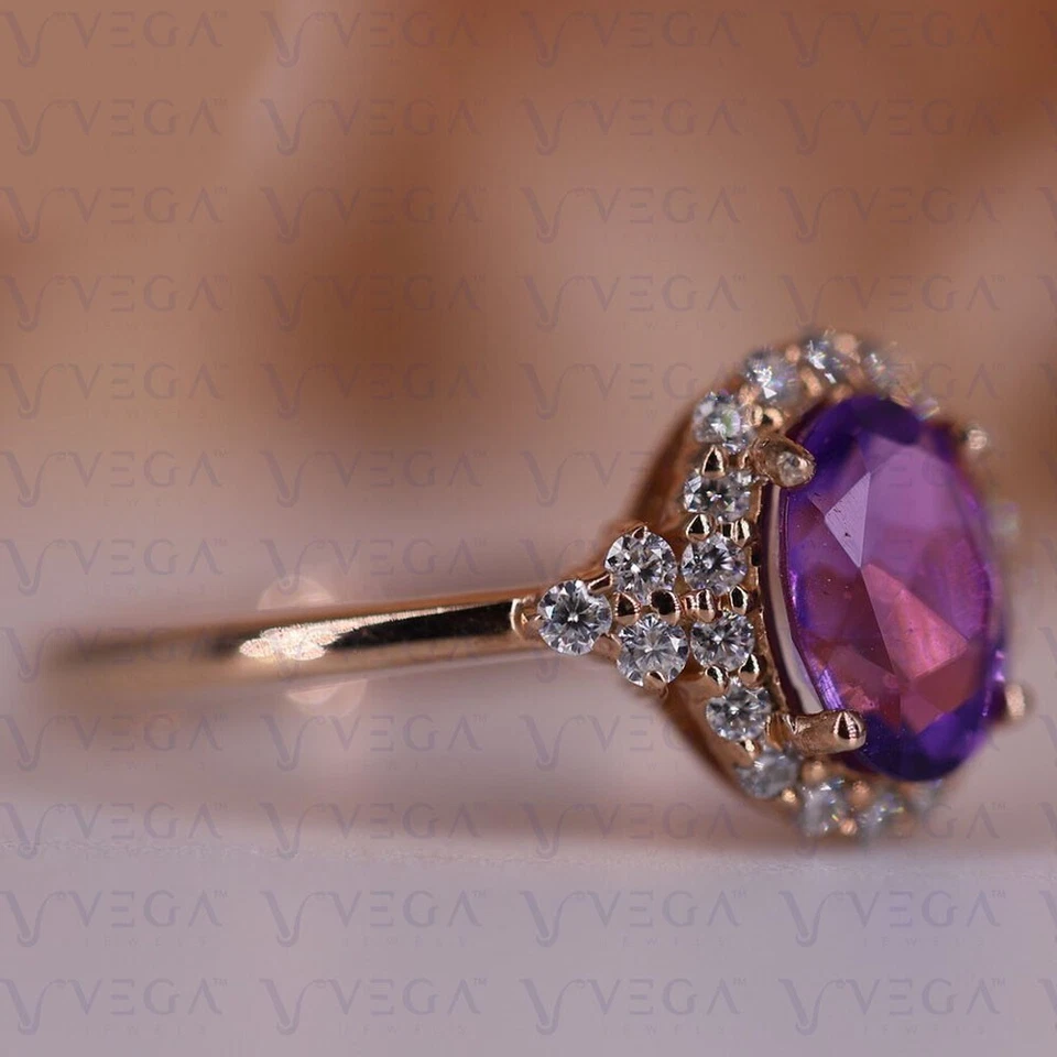 Anillo de compromiso de diamantes y amatista natural de corte ovalado de 3,36 quilates de oro rosa macizo de 14 quilates Foto 3 de 4