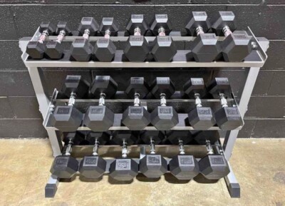 Rubber Coated Hex Dumbbell Weight Set and Storage Rack  10-40lb Pairs With Rack