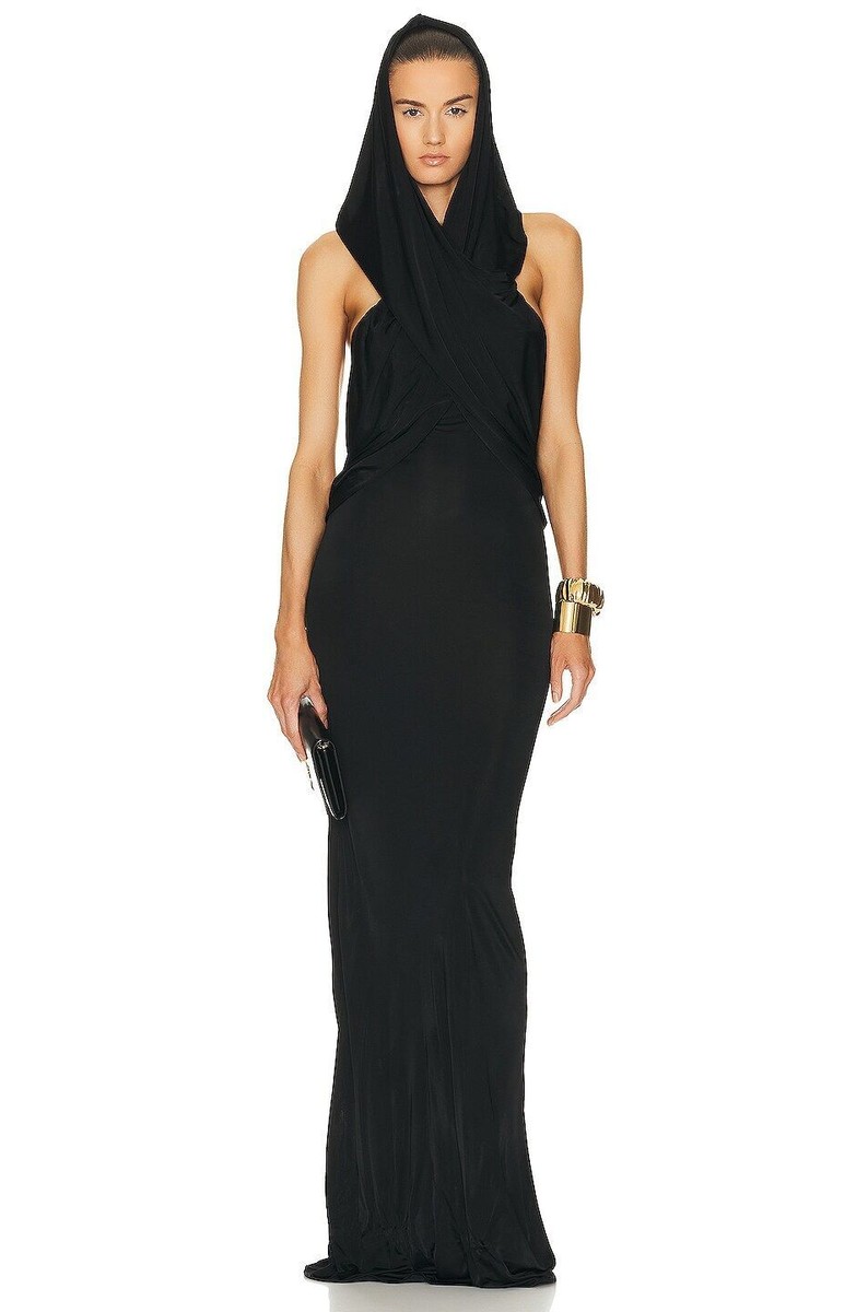 SAINT LAURENT Hooded Crepe Dress in Noir 36 New Womens Long