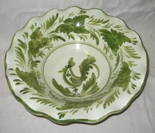 IK 13 1/4" Hand Painted Greece Serving Bowl Ruffled Edge Green Flowers & Rooster
