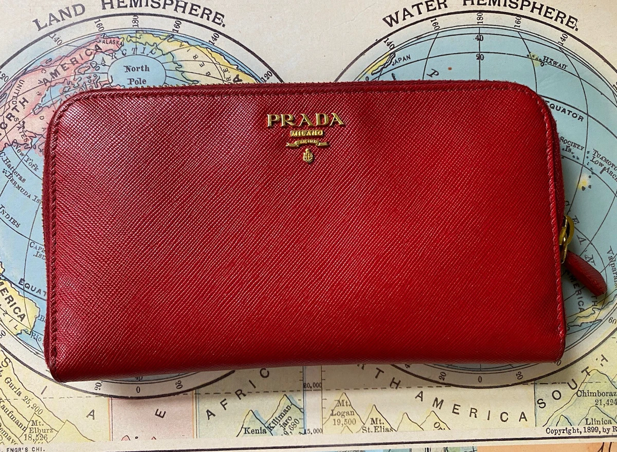 AUTHENTIC PRADA MILANO RED LEATHER ZIPPER WALLET WOMEN