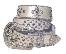 Western Rhinestone Crystal Bling White Fleur De Lis Leather Belt L ML