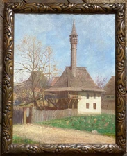 Oil Painting Church With Dovecote IN Hungary Village An Feldstrasse Um 1900JH