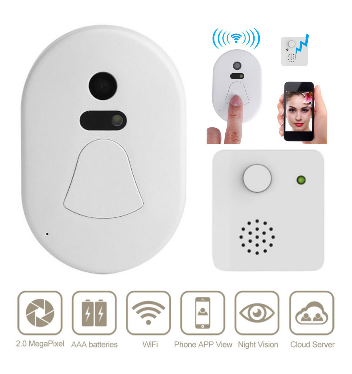 Wireless Doorbell Camera With 2.0MP Night Vision Wide Angle Digital Alarm IR-Cut-image