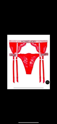 Victoria Secret Pantie And Garter Set Red With Rhinestones Size Medium Brand New