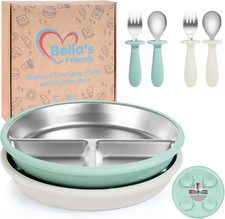 Bella  S Friends Baby Feeding Set, 2 Pack Stainless Steel Divided Plate with Sili