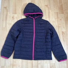 Gap Kids girls navy blue hooded quilted puffer jacket a bright pink zipper large