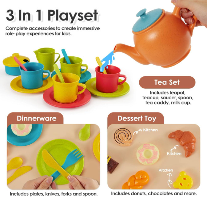 Buyger Play Kitchen Accessories, Play Dishes Plates and Utensils Tea Party Set