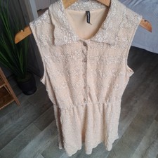 Espresso Medium Stretch Lace Femme Cream Cottage Core Sleveless Collard Dress