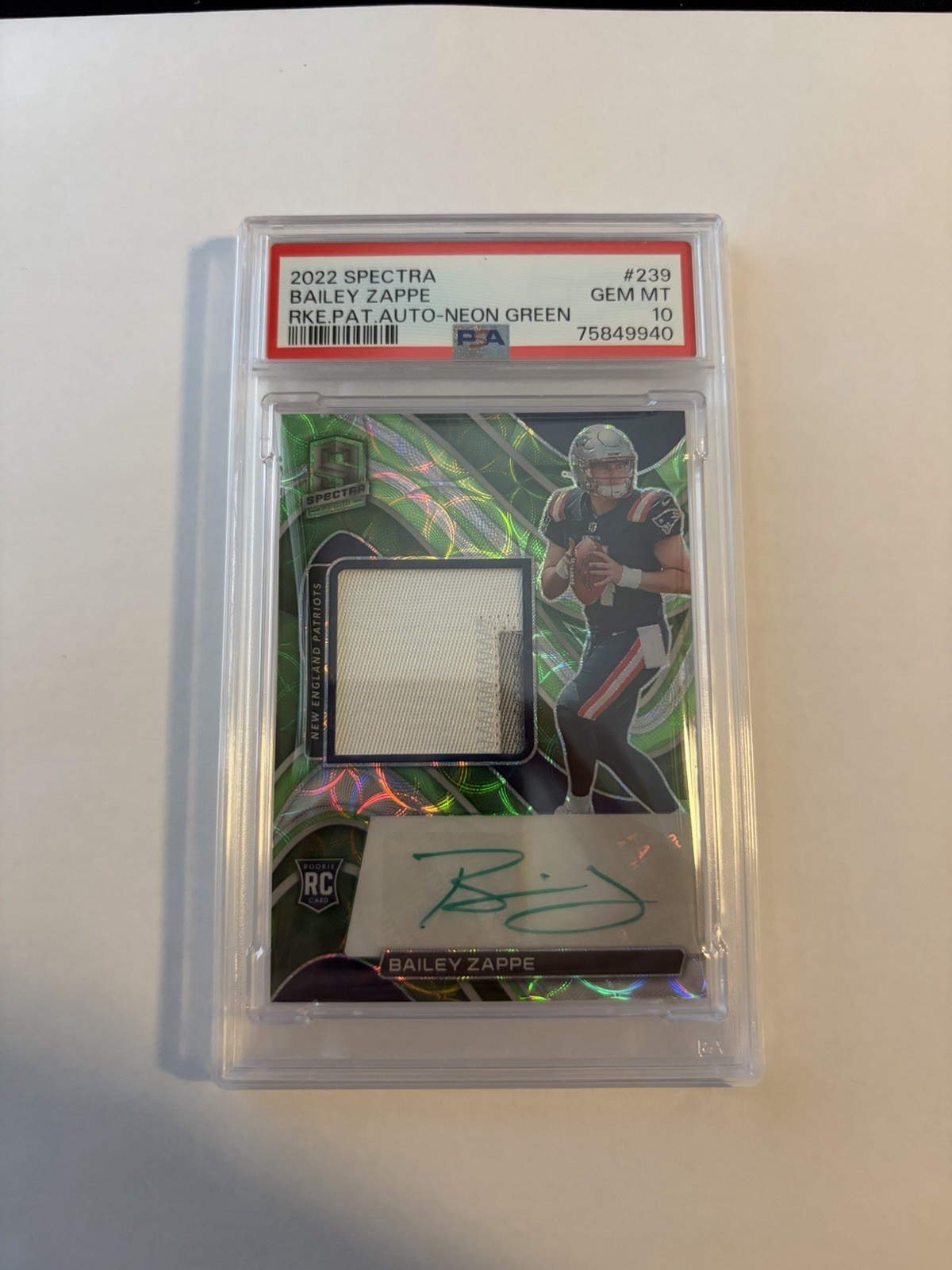 Bailey Zappe Patch Autograph Neon Green #239 2022 Panini Spectra🔥PSA 10 / POP 1 view 2