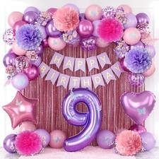 Pink Purple 9th Birthday Party Decorations for Girls Number 9 Balloon Happy B...