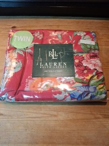 New Ralph Lauren Twin Size Flat Sheet Ruffled Beach House Fuchsia Red Floral