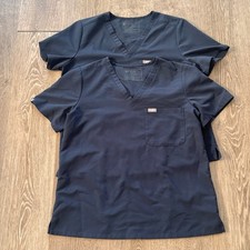 Lot of 2 Figs Technical Collection Catarina Navy Blue V Neck Womens Scrub Tops L