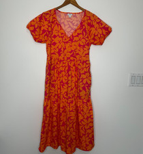 J Crew Tiered Puff Sleeve Midi Dress Womens 6 Pink Orange Floral Hawaiian V Neck