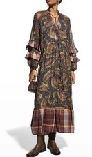 Farm Rio Black Wild Bananas Maxi Dress Sequin Tiered Ruffle Patchwork Bead M