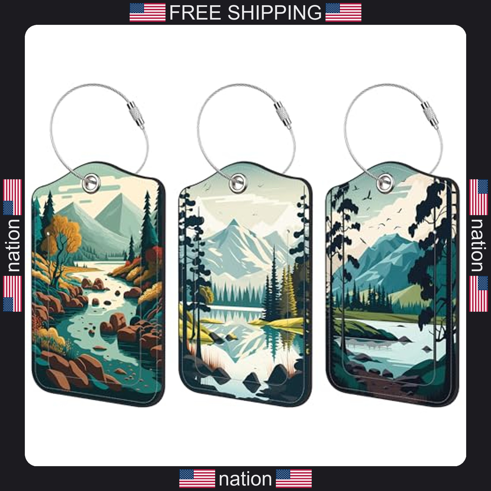 mountain lake scenery luggage tags 3 pack leather travel cruise bag labels