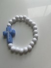 White Beaded Stretch Bracelet with Blue Cross "Jesus" Charm | Christianity — photo 3