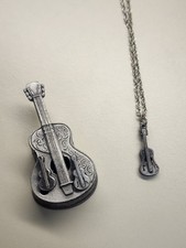 Vtg. Torino Pewter Guitar Brooch Compartmentcase Necklace Earrings Complete