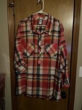 Catherines 4X Plaid Half Button Down Long Sleeve Lightweight Red/white/Blue Top