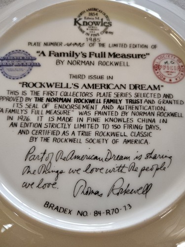 Knowles Collector Plate Norman Rockwell A Family's Full Measure 1985 W COA - Picture 4 of 6