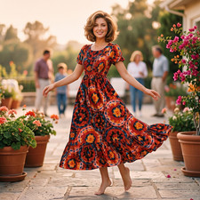 Love Women Large Maxi Dress Red Stretch Kaleidoscope Smocked Statement Boho Rare