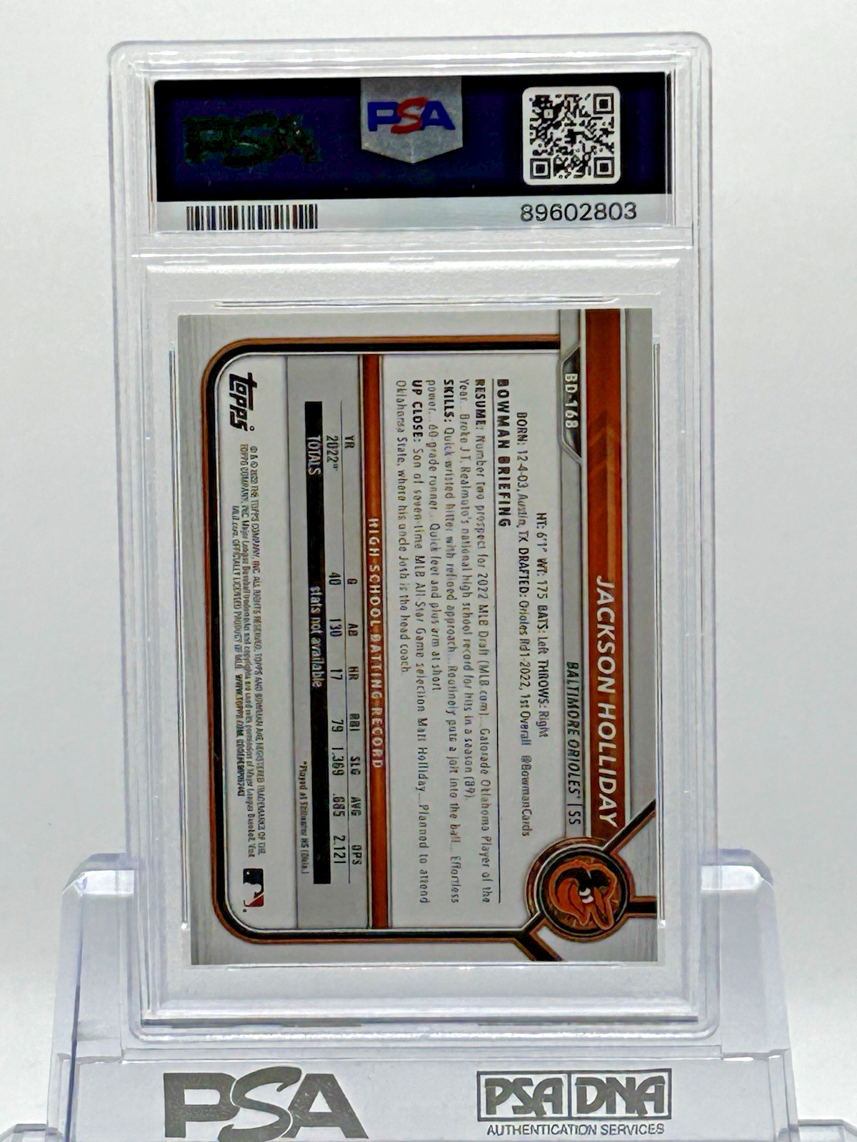 2022 Bowman Draft Jackson Holliday #BD-168 PSA 10 view 2