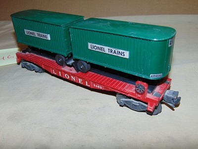 LIONEL O  3460  FLATCAR WITH 2 GREEN LIONEL LINES TRAILERS ROOFS DISCOLORED #246