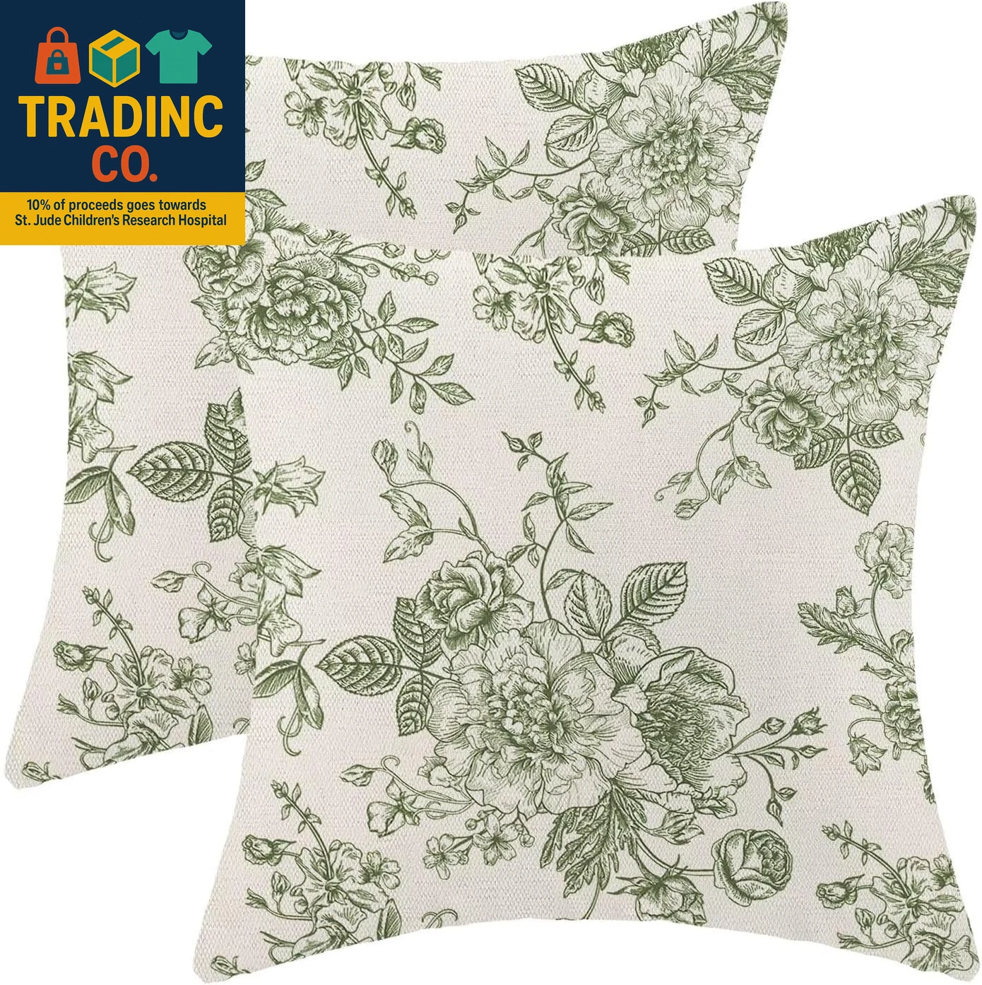 Chinoiserie Floral Pillow Covers 22 X 22 Inch Set of 2, Vintage Sage Green Flowe