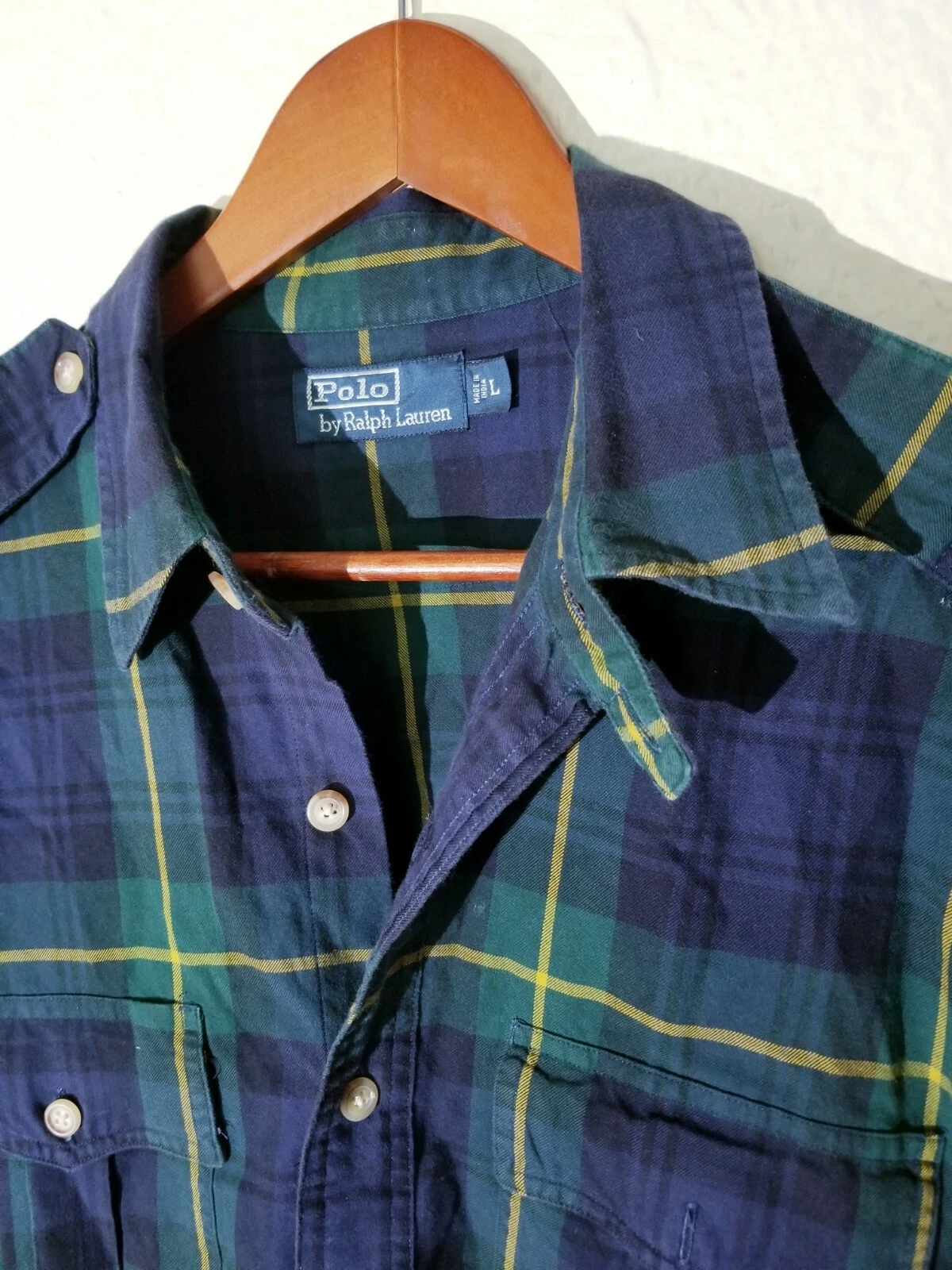 Vintage Polo Ralph Lauren black watch CPO Shirt Work cotton flannel L men