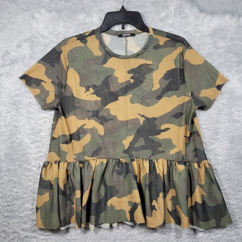 Zara Trafaluc Shirt Womens Small Green Camo Sheer Peplum Oversize Blouse