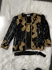 Vtg 80s Sequins Bead Gold And Black Jacket Set Sz S Judith Ann Creations Silk