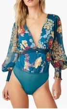 Free People Wanderlust Floral Print Bodysuit - Size M - Jade Combo
