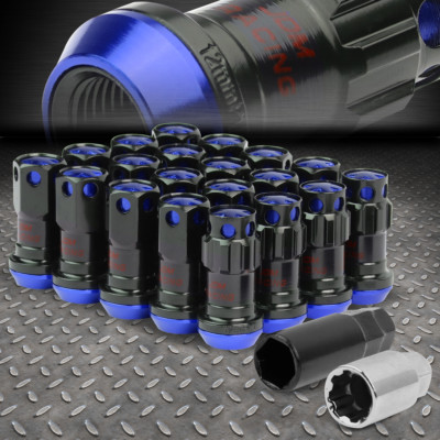 CLOSED END BLUE ALUMINUM SPLINE 16 WHEEL LUG+4 LOCK NUT+KEY M12X1.5 22MMx45MM