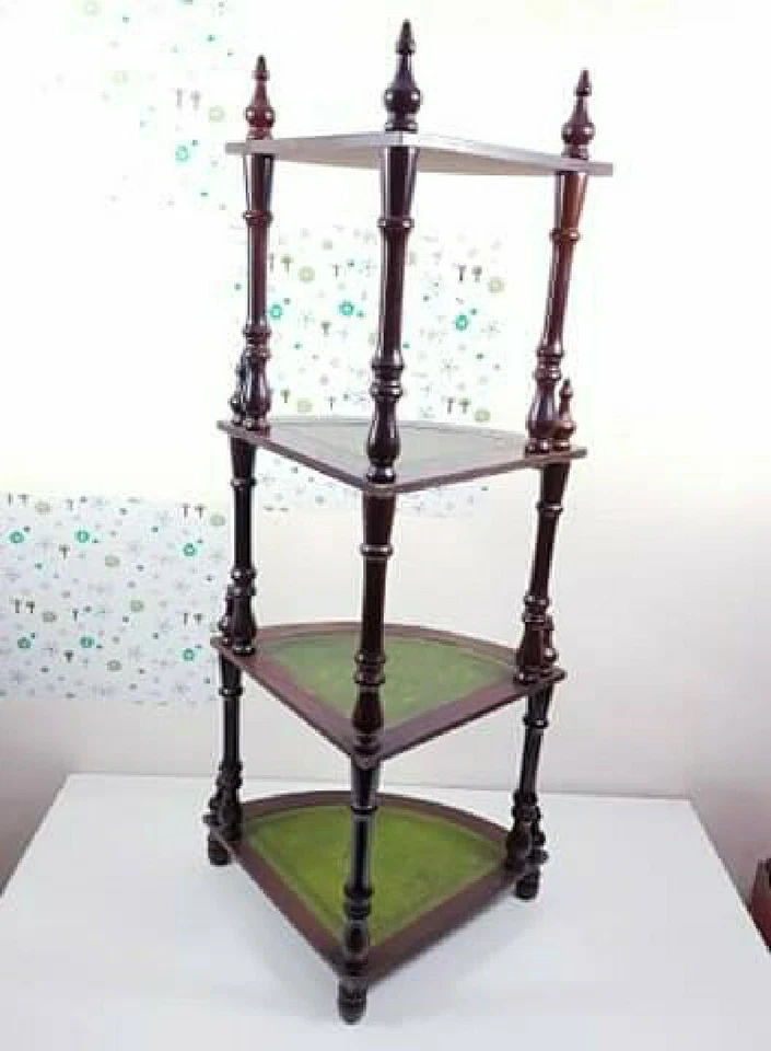 Soporte de exhibición vintage esquina cuero whatnot 4 estantes niveles altos ornamento vegetal. Foto 3 de 4