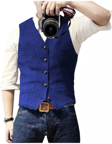 Mens Vest Herringbone Retro Vintage Tweed Waistcoat Lined Tailored Notch Lapel++ - Bild 17 von 31