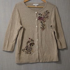Christopher Banks Cardigan Embroidered Floral Tan Button Women's L H79-11