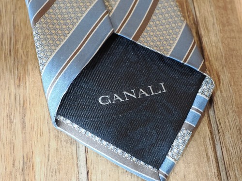 Cravatta in seta a righe argento e blu Canali Regal Made in Italy - Foto 2 di 3
