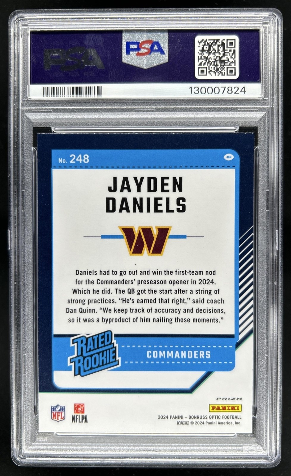 2024 Panini Donruss Optic Jayden Daniels Blue Hyper Rated Rookie #248 PSA 8 view 2