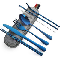 Reisebesteck Set Edelstahl 1 Person Mit Etui Tragbares Messer Gabel LöFfel Blau