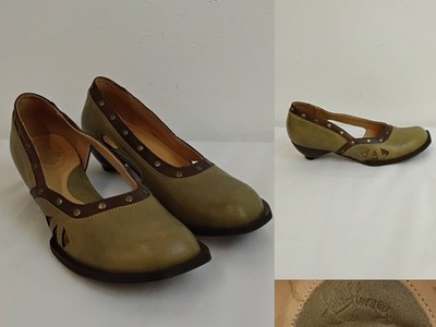 John Fluevog Shoes Women's US 6.5 Green Leather Brown Trim Gold Rivets #J5175