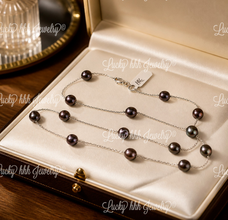 14K  White  gold Black Pearl Necklace 18 inch Lobster lock 8.60 gram