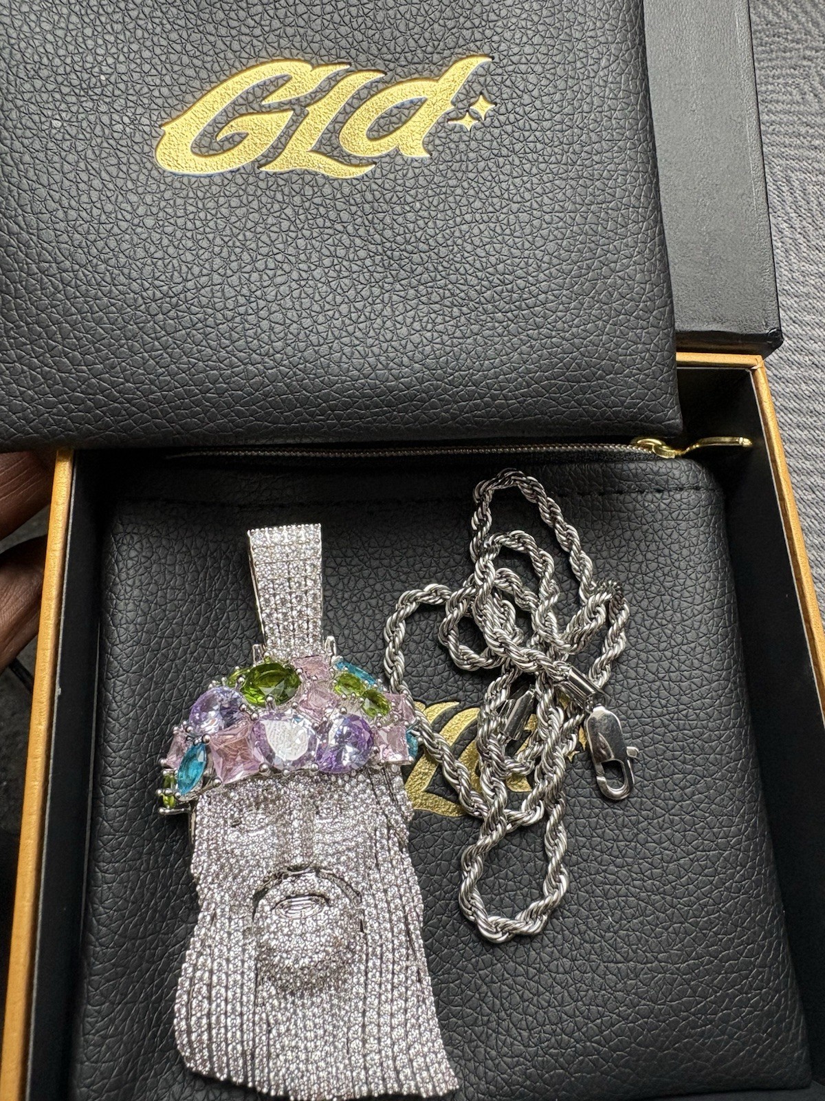 GLD Jesus Head Multicolor Cubic Zirconia Pendant Necklace Rope Chain Silver