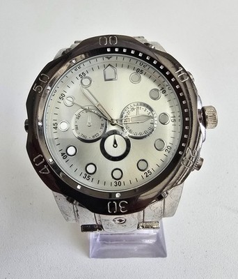Men s Silver Tone Multi Function Watch Black Bezel Needs Battery Pre-Owned Read