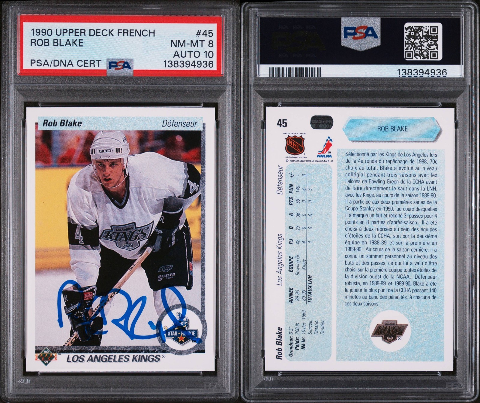 1990 UPPER DECK FRENCH #45 ROB BLAKE RC ROOKIE PSA 8 AUTO 10 DUAL