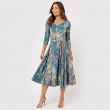 Nina Leonard Sylvia Midi Dress Womens XL Mutlicolor Belted Stretch Burnout Swing