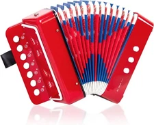 Button Accordion, Horse 10 Keys Control Kids Accordion Musical Red, Red 