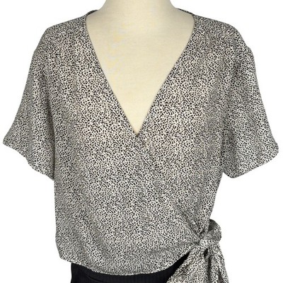 Lush Cream-Black Speckled Wrap Blouse Tie Waist Flutter Sleeve Size M