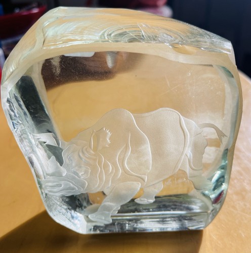R.M Yates  Etched RHINOCEROS Glass Block Signed and Dated '73 Weighs 4.5 lbs